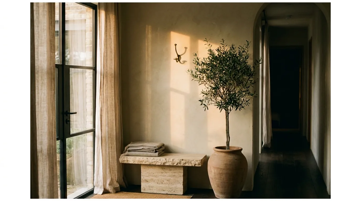 The entrance hall of the house: a plaster wall, a travertine bench, folded towels and an olive tree in a clay pot