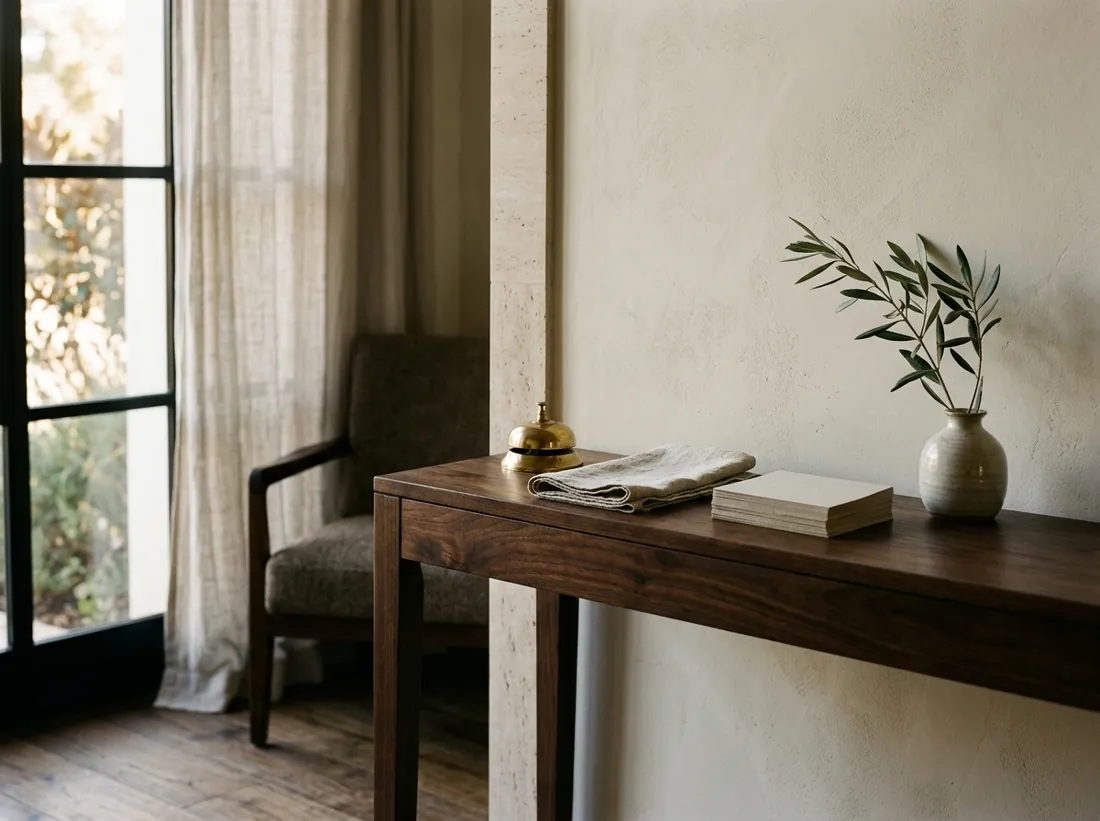 A reception corner with a slim timber desk, a brass bell, folded linen and a single branch in a vase