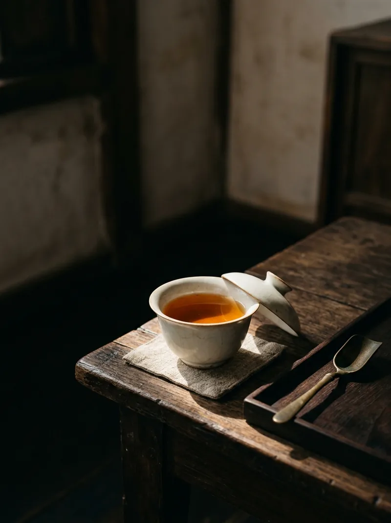 A gaiwan of amber tea in a shaft of afternoon light