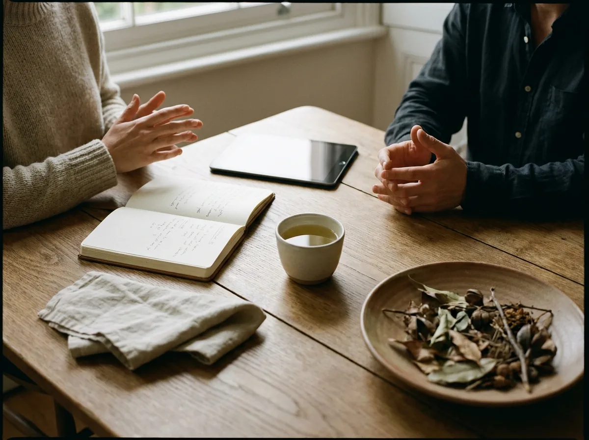 A consultation at a timber table with a notebook, tablet and tea