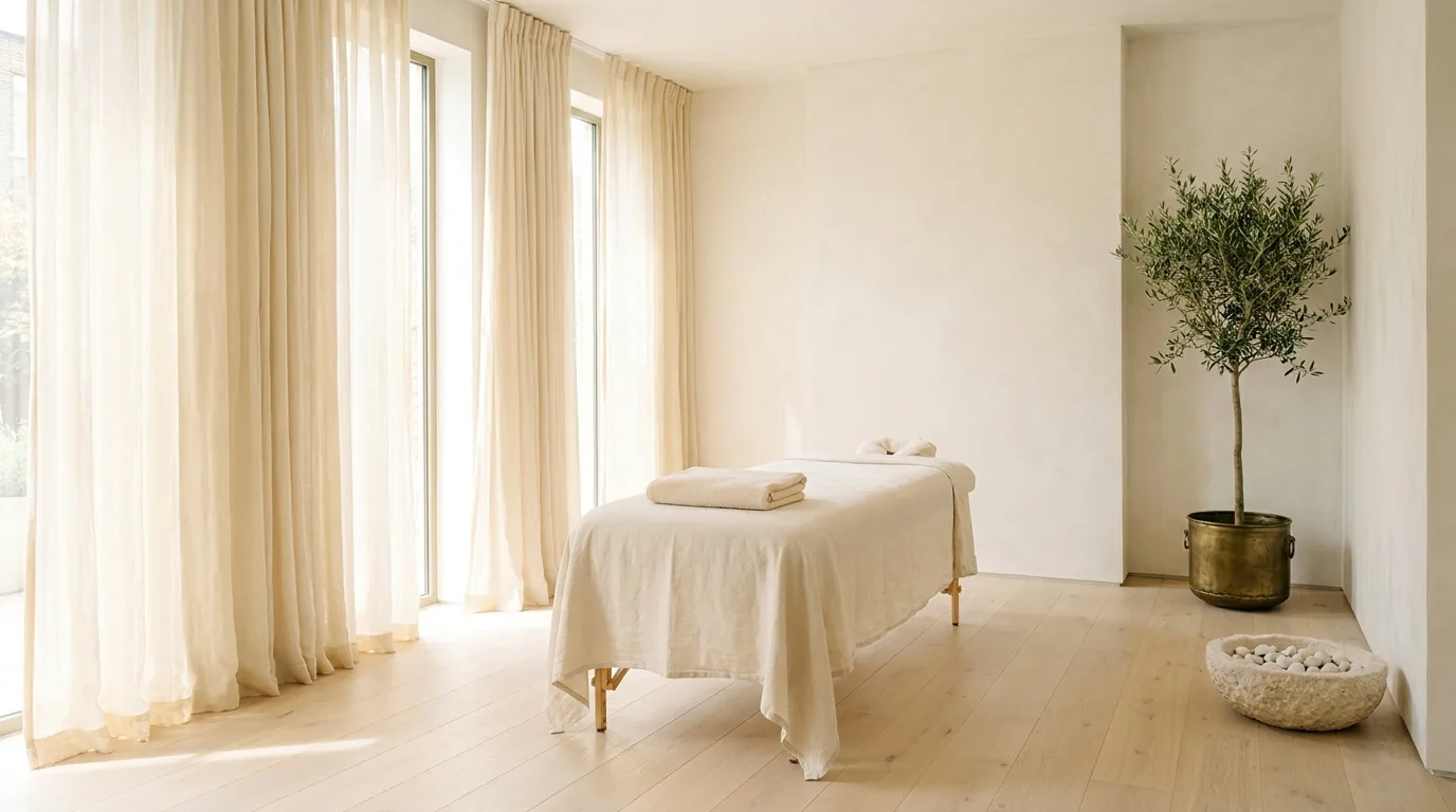 Bright treatment room with sheer linen curtains and an olive tree