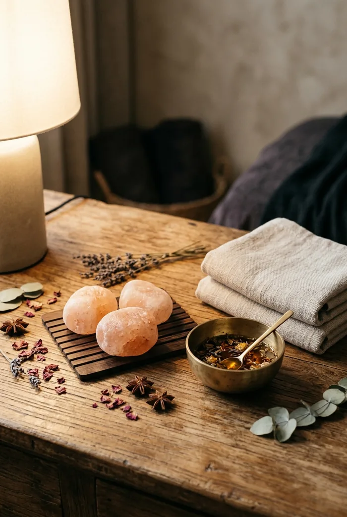 Salt stones, hinoki wood and herbal oil laid out for a constitution reading