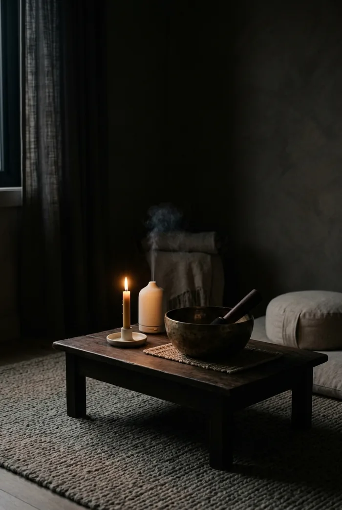 Sound bowl and candle in a dim restorative room