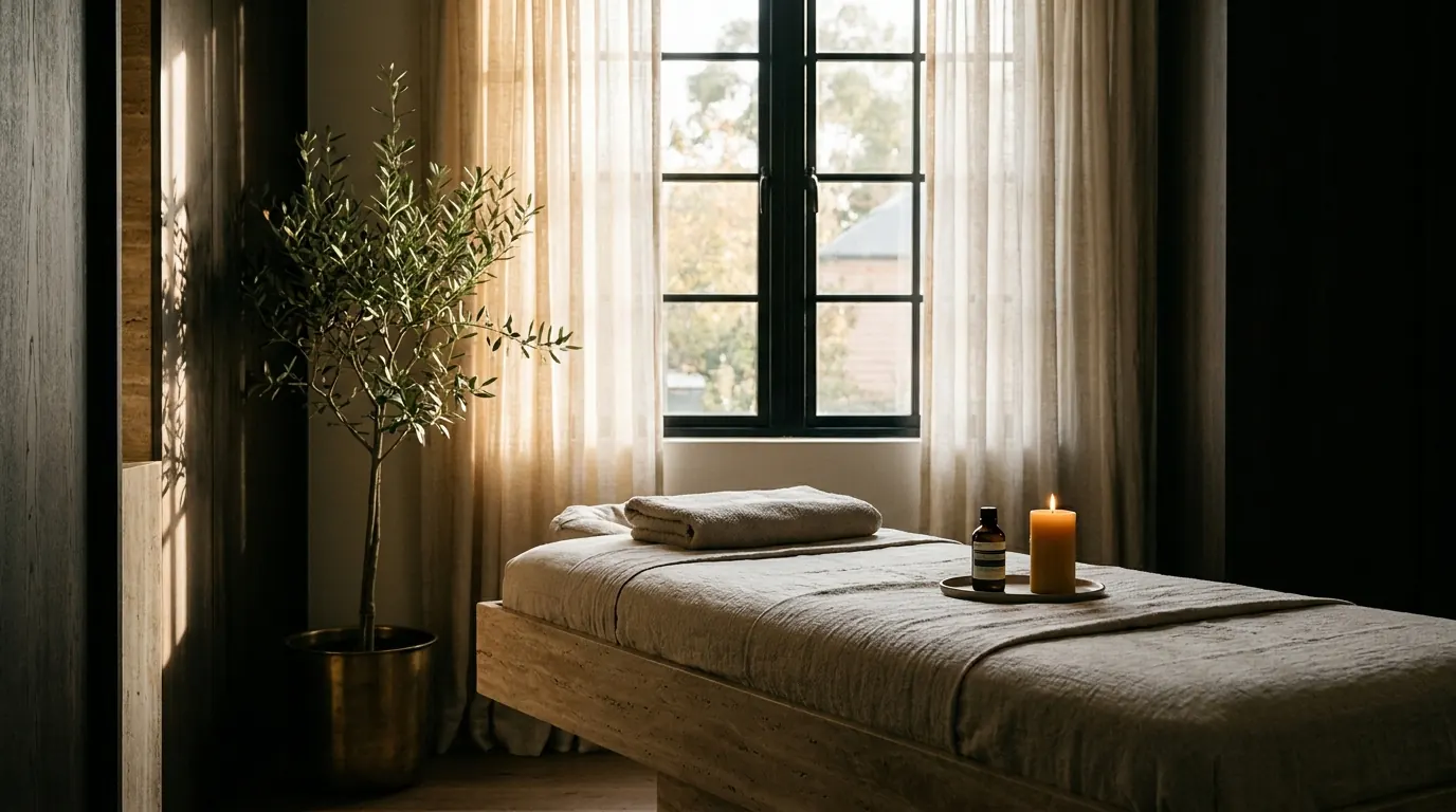 A treatment room prepared for a first visit: a linen-dressed bed, a lit candle and an olive tree by the window