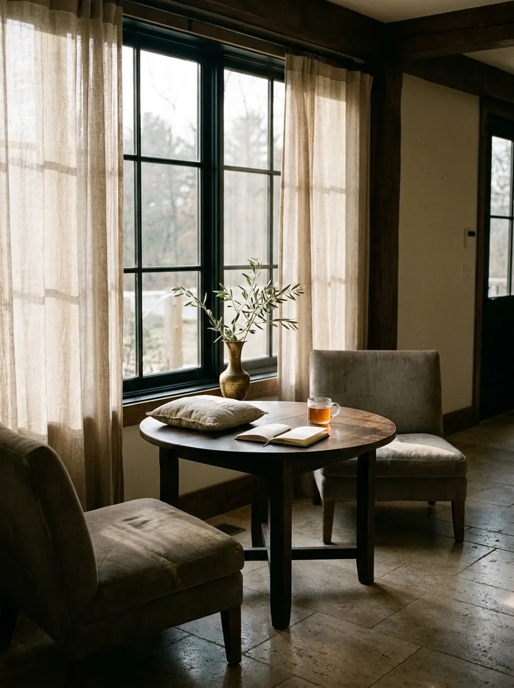 Two low chairs at a timber table by the window, set with a linen wrist cushion, a notebook and a cup of tea