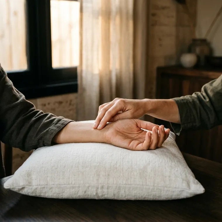 A practitioner's fingertips resting on a guest's inner wrist on a linen cushion