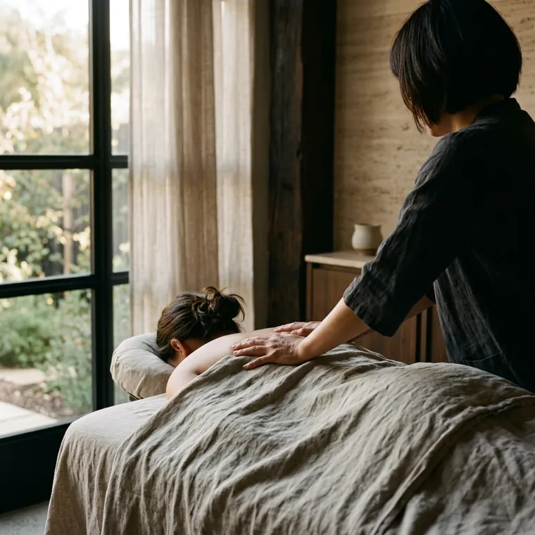 A practitioner's hands working along a guest's upper back under stone linen