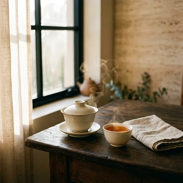 A gaiwan and a small cup of amber tea on a dark timber table, steam curling from the cup