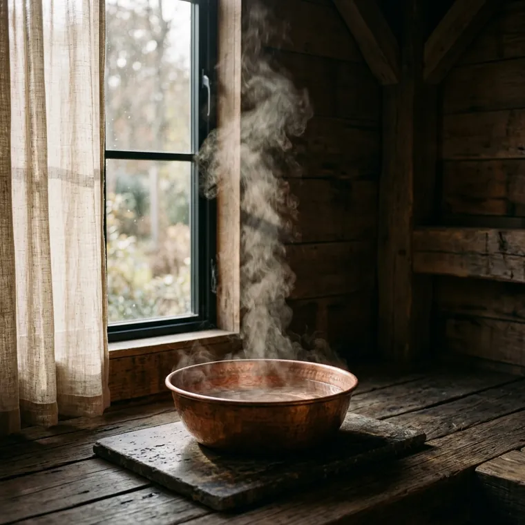 Steam rising through window light in the timber chamber, a copper bowl of water below