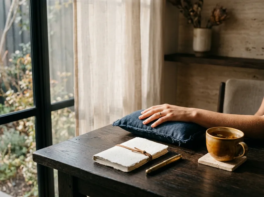 A consultation table by the window with a linen wrist cushion, a notebook and a cup of amber tea