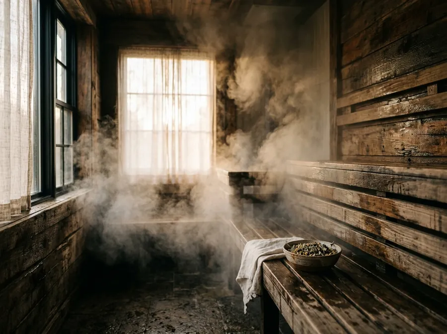 Steam curling through the light in a timber chamber, a bowl of dried herbs on the bench