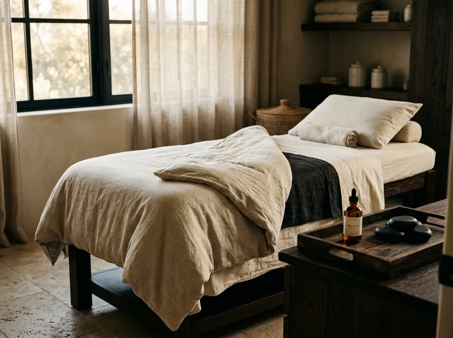 A treatment bed dressed in stone linen with warm oil and hot stones on a tray beside it