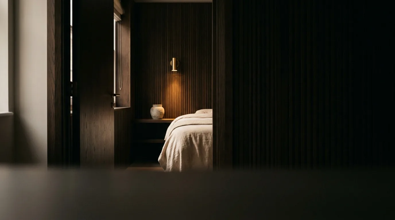 Lamplit treatment room at dusk, seen through an open doorway