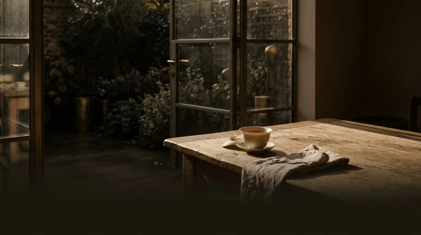 Garden room with a gaiwan of tea on an oak table in late-afternoon light