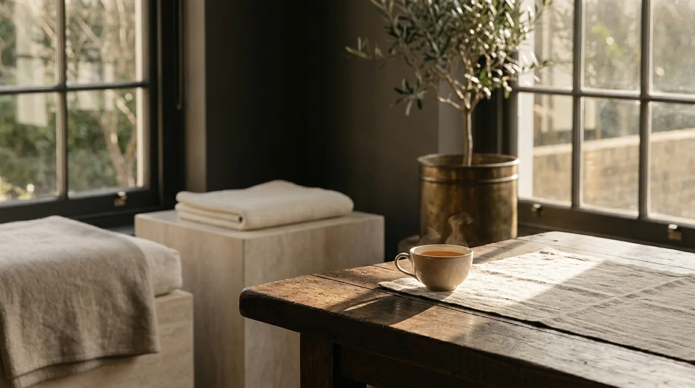 Sunlit treatment room with a cup of amber tea on a timber table