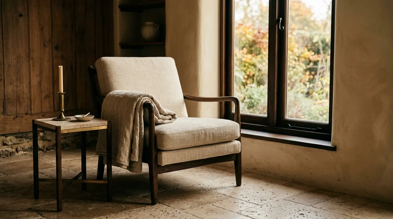 An empty chair by a window with a folded linen throw over its arm