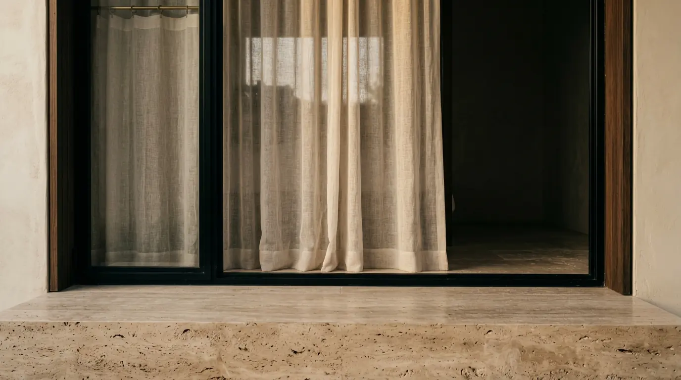 A sheer linen curtain drawn almost closed across a window, the room beyond in shadow
