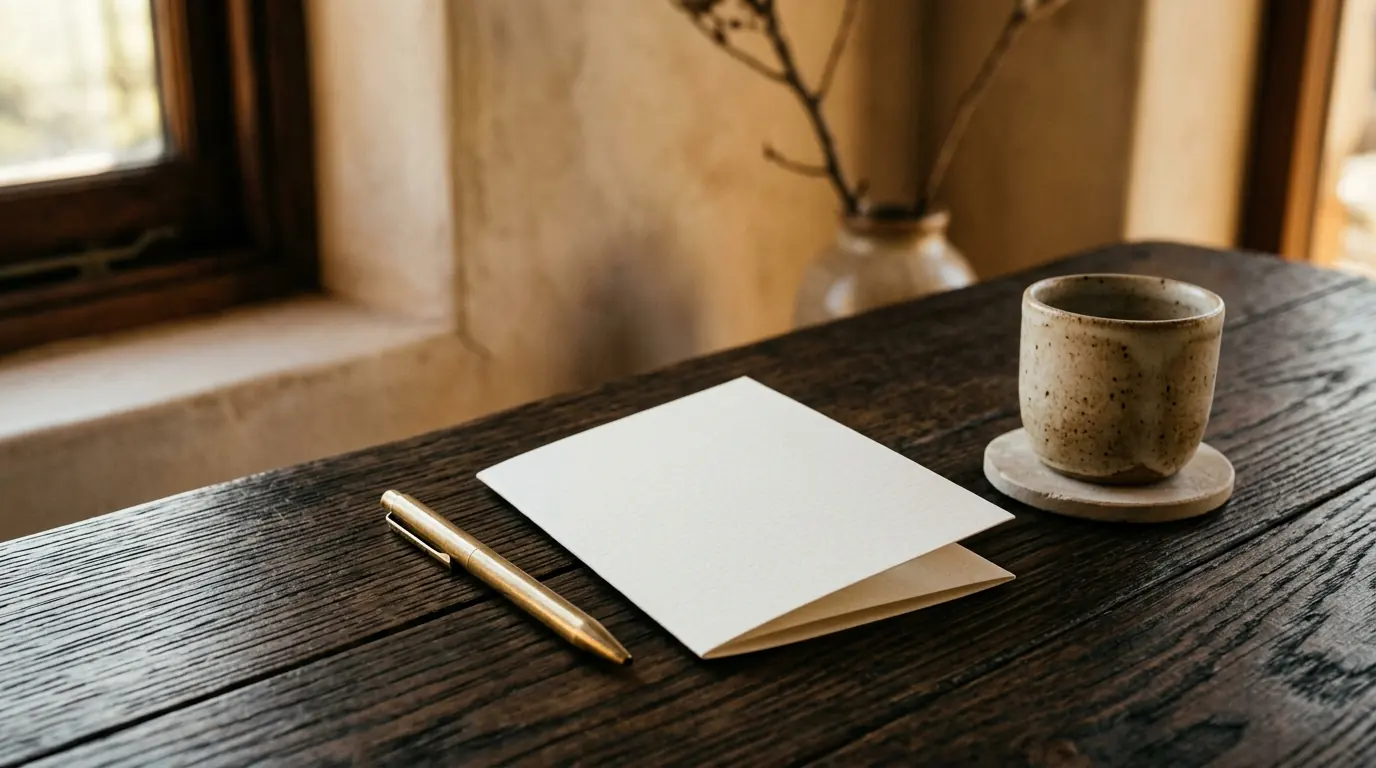 A folded card and a brass pen on a dark timber table beside a stoneware cup