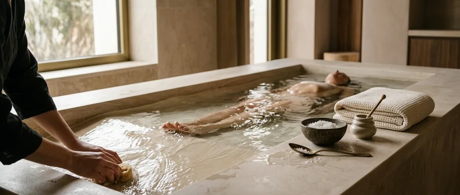 Sea salt and honey beside a warm stone water bed
