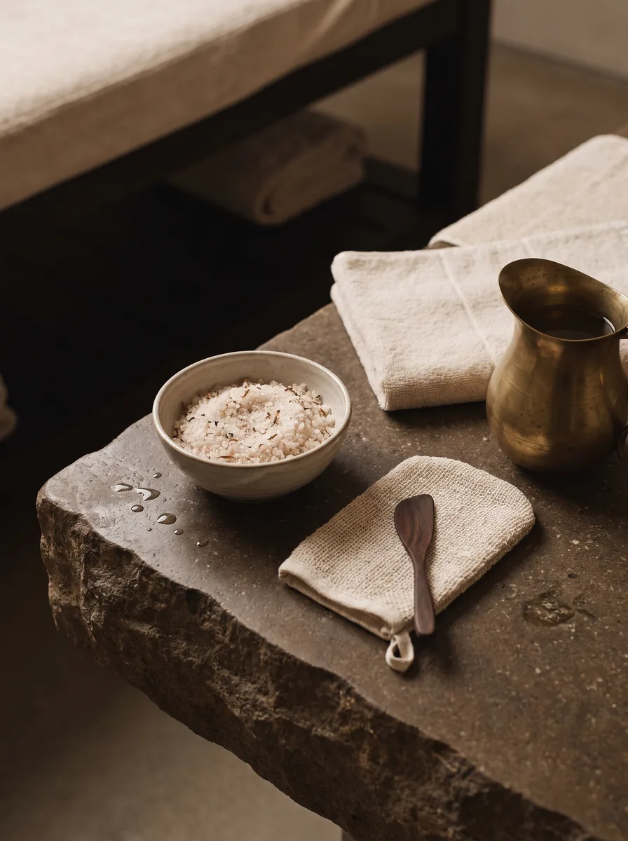 A stone bowl of pale salt scrub, a linen exfoliating mitt, a wooden spatula and a brass jug on the edge of a stone treatment bed