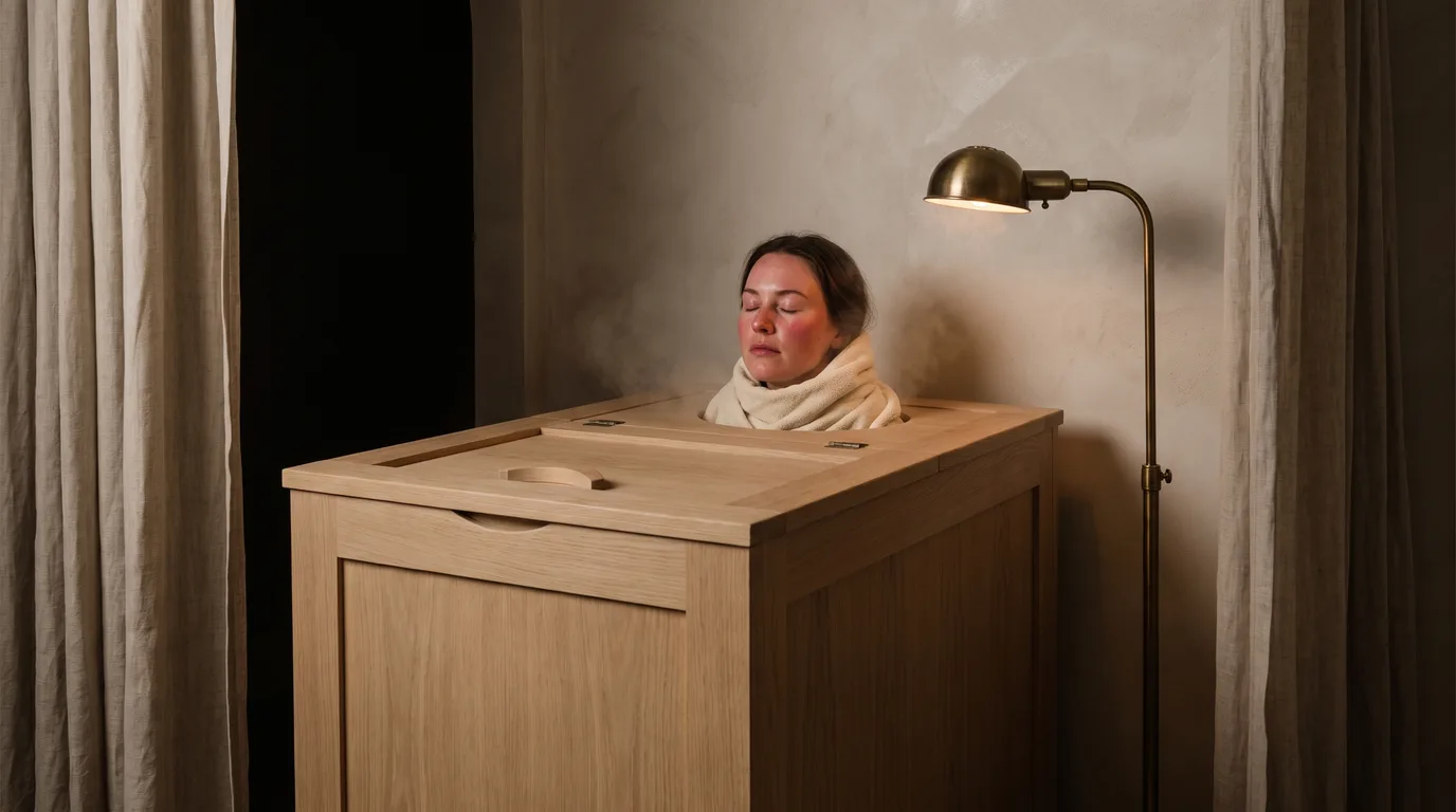 A guest resting with her eyes closed in an oak herbal steam cabin, her head outside the cabin and a cream towel at her neck