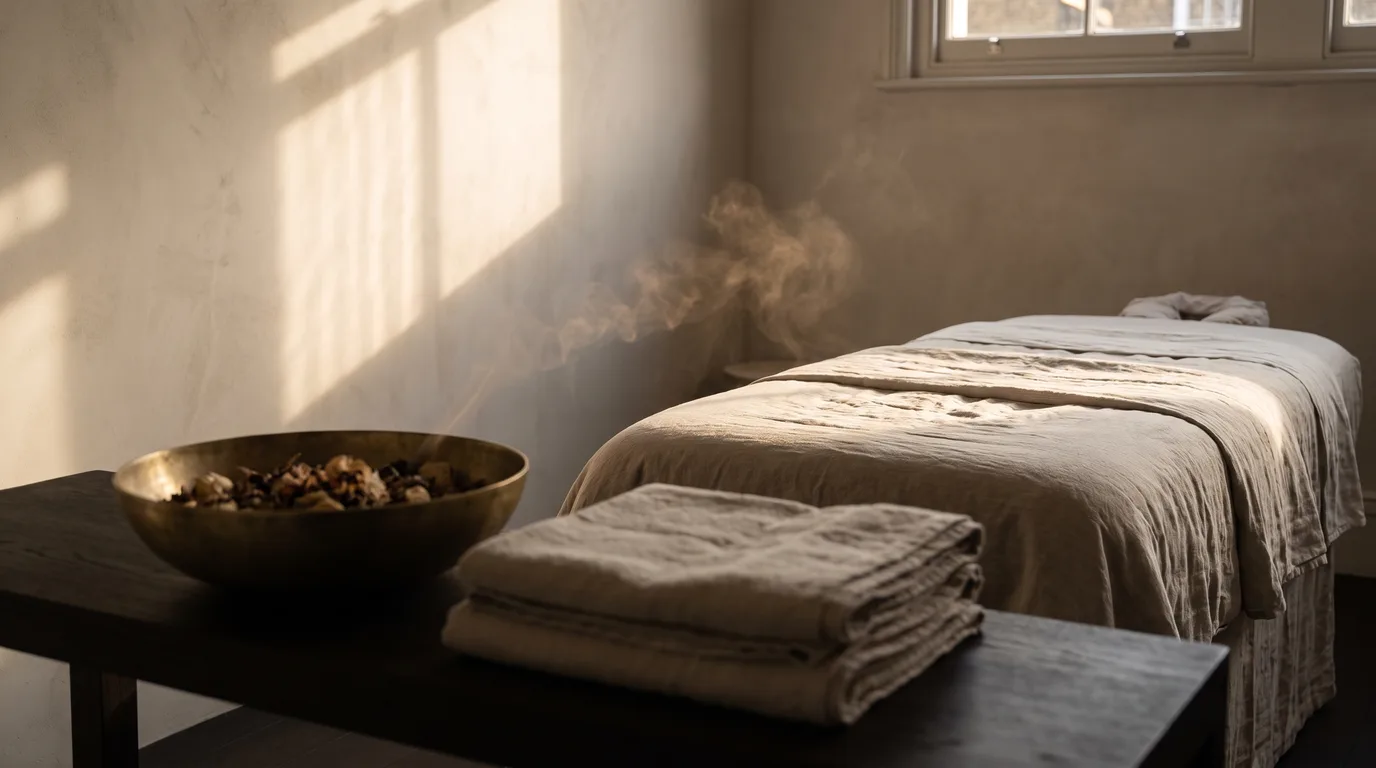 Late sun across a linen-dressed treatment bed, with a brass bowl of dried botanicals and folded towels in the foreground