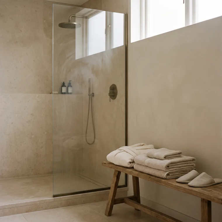 A limestone shower beside a timber bench with a folded robe, towels and linen slippers