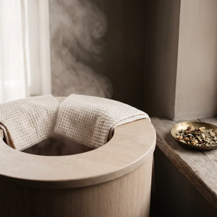 Warm steam rising from the towel-lined opening of an oak herbal steam cabin, dried botanicals in a brass dish beside it