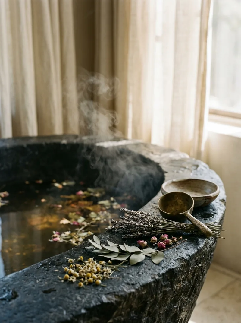 Steam rising from a herbal bath with dried botanicals