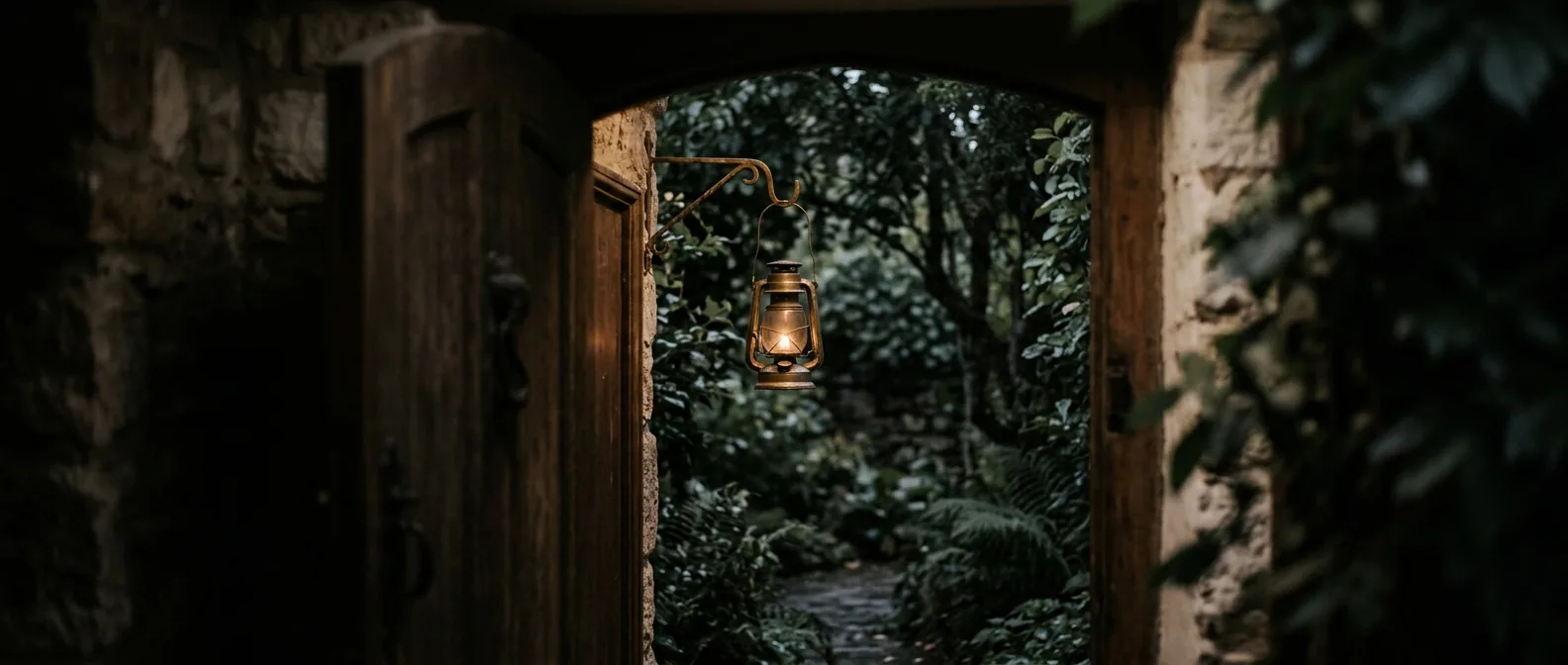 A garden at dusk seen through a doorway with one lit lantern