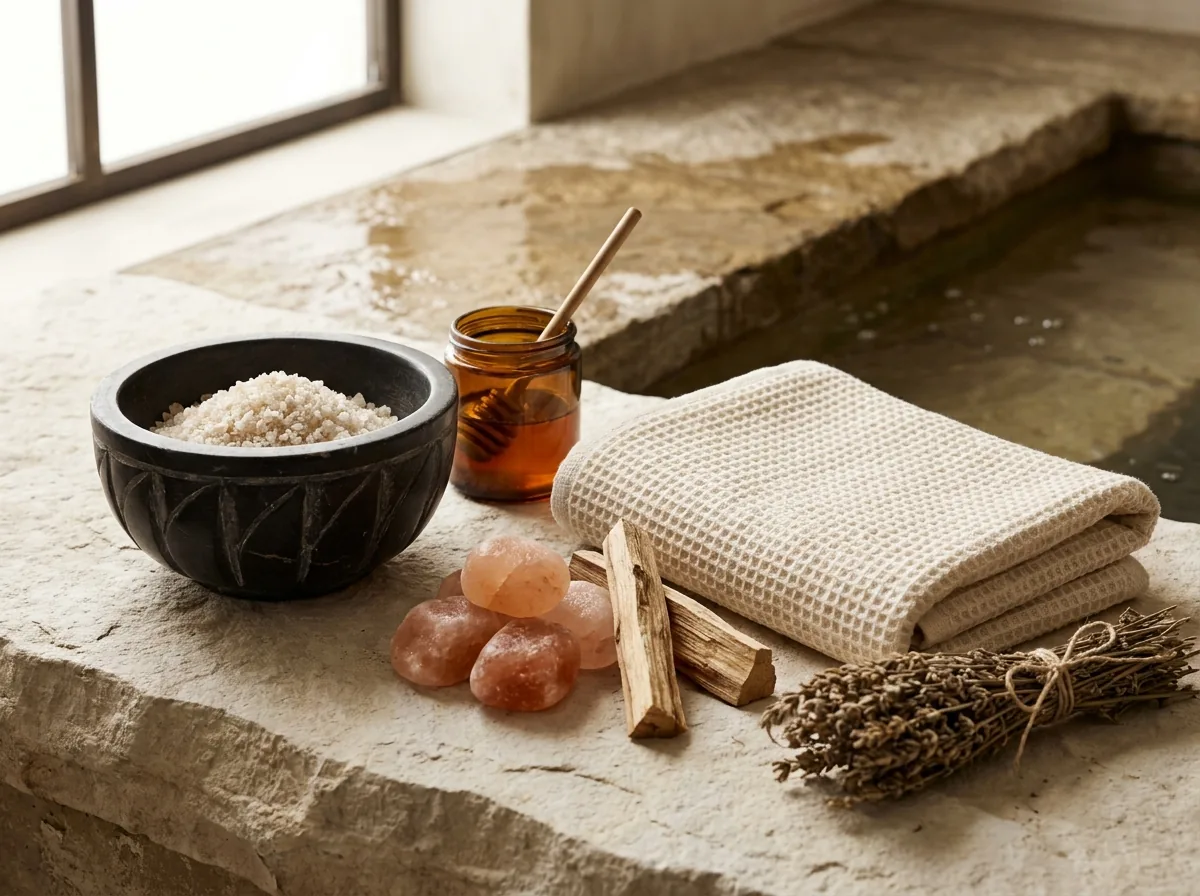 Sea salt, honey, salt stones and linen laid out for a ritual