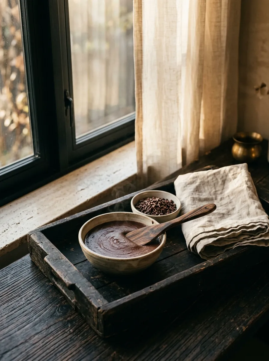 A tray of cacao ritual materials on dark timber: cacao paste, cocoa nibs, a wooden spatula and a folded wrap