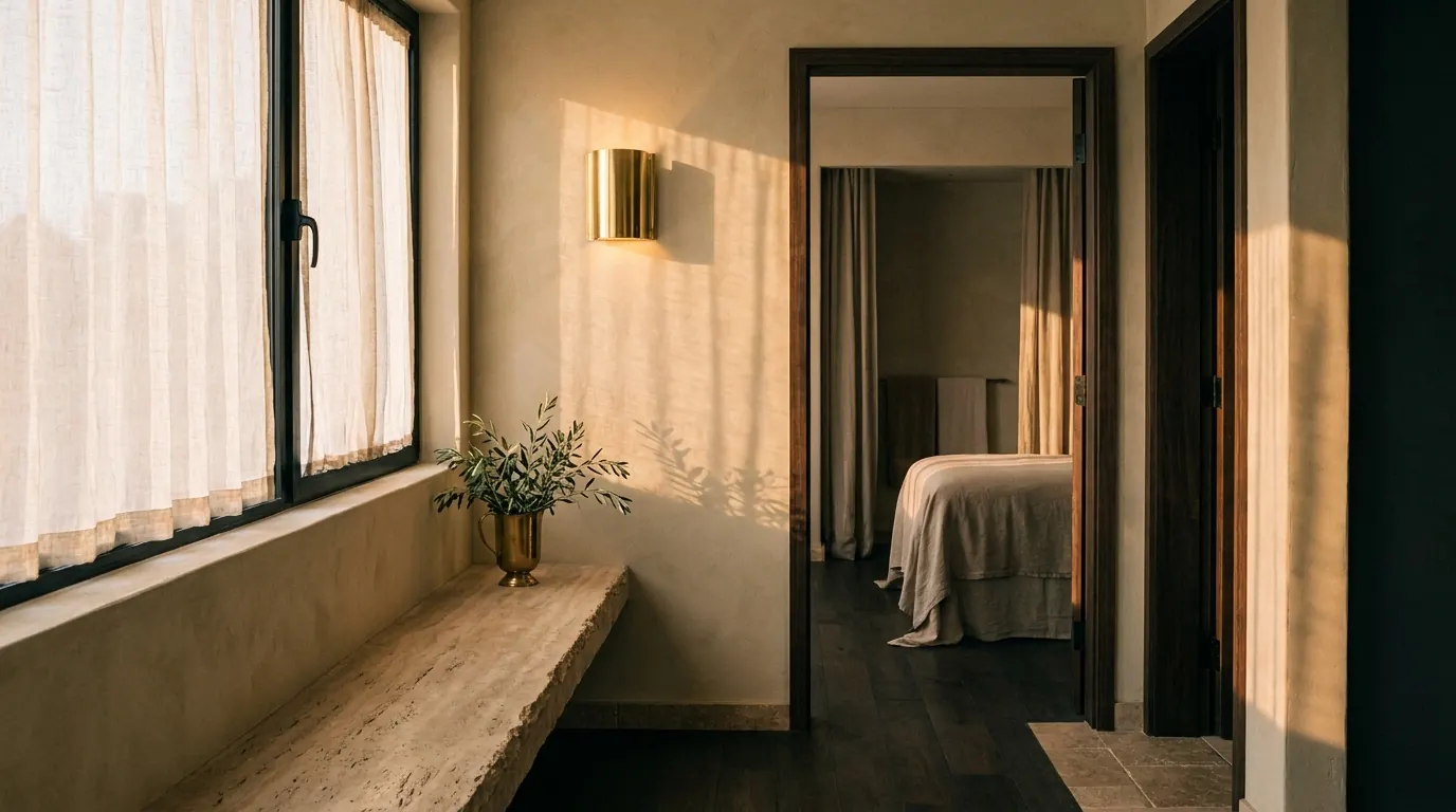 A spa corridor at ORA: a plaster wall, a brass sconce and an open door onto a linen-dressed treatment bed