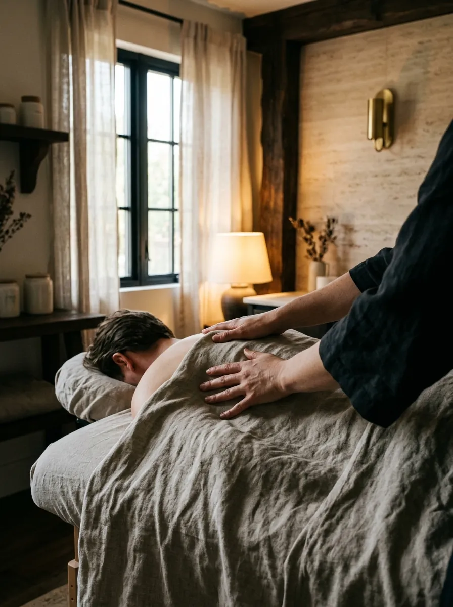 A practitioner's hands working along a guest's shoulder and upper back under stone linen
