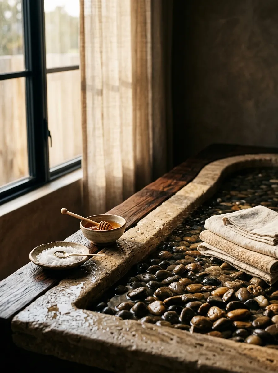 A warm stone water-treatment bed with honey, a wooden dipper, sea salt and folded linen beside it