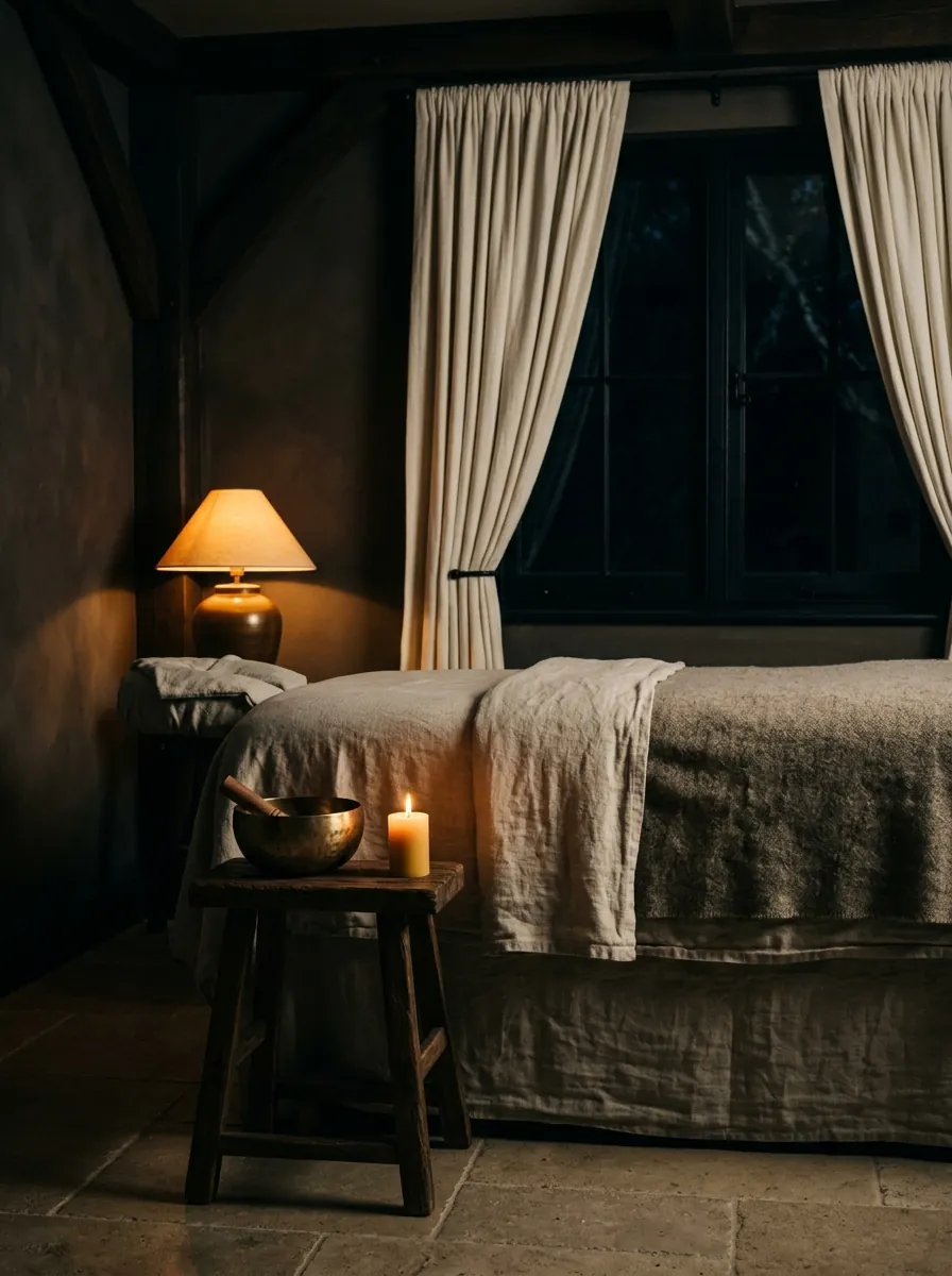 A dim treatment room at night with one low lamp, a brass singing bowl and a candle on a timber stool