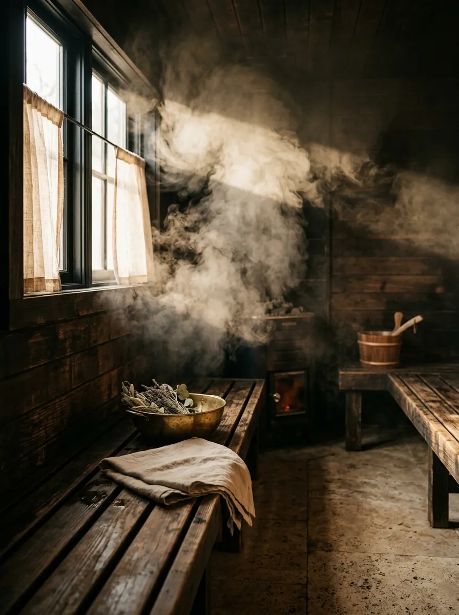 Herbal steam rolling through window light in a timber steam room, dried herbs in a brass bowl on the bench