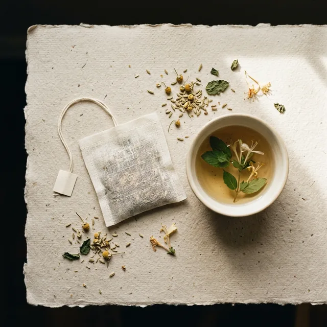 Clear wellness tea, a sachet beside a cup on handmade paper