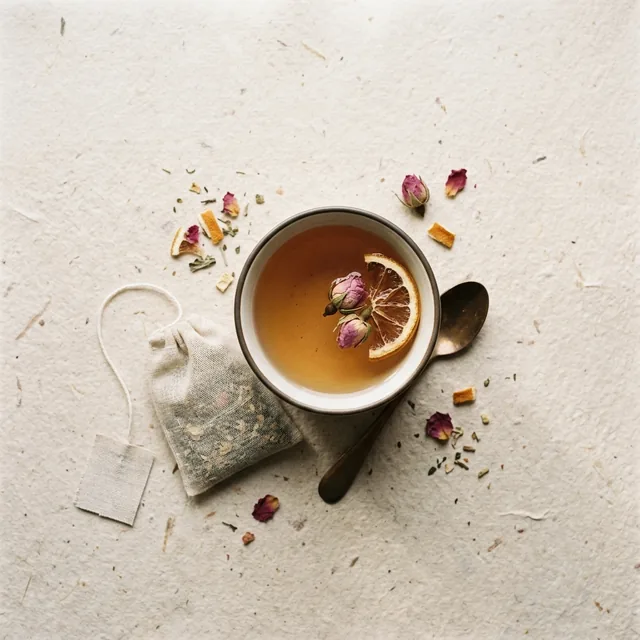 Ease wellness tea, a sachet beside a cup on handmade paper