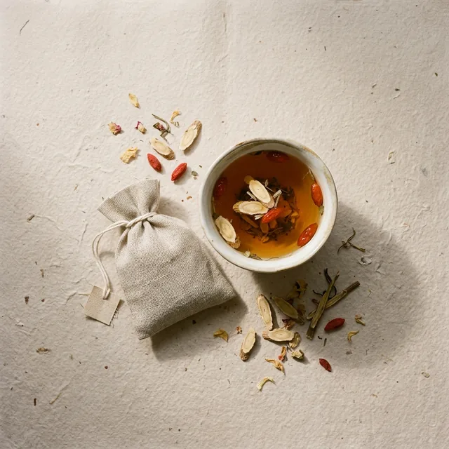 Energy wellness tea, a sachet beside a cup on handmade paper