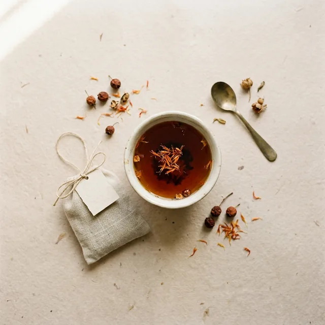 Flow wellness tea, a sachet beside a cup on handmade paper