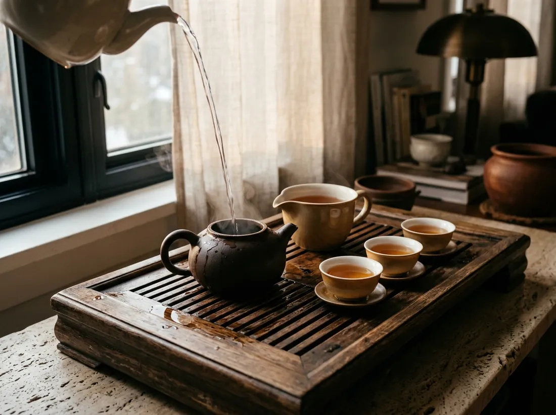 A gongfu setting on a slatted tea tray: a clay teapot, a pitcher and small cups, water being poured