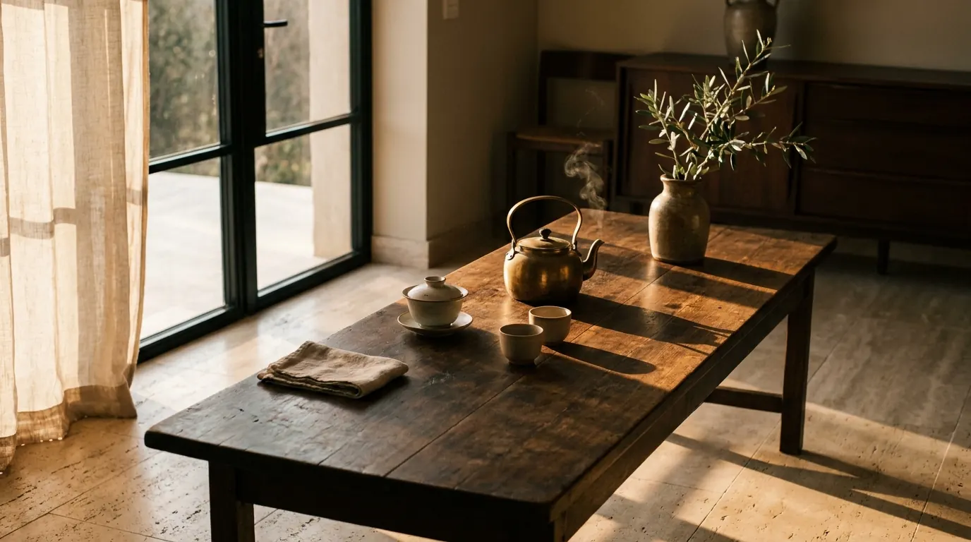 A long timber tea table by the window set with a gaiwan, two cups and a brass kettle, steam rising