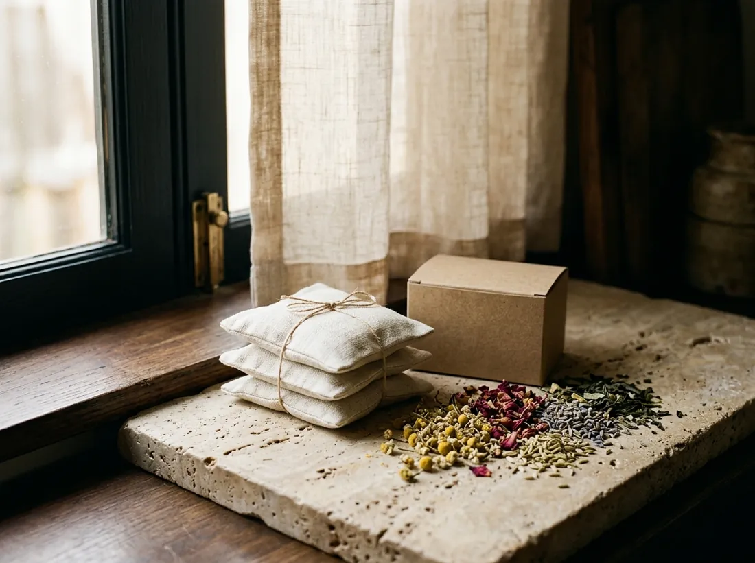 Linen tea sachets and a plain card box on a travertine ledge with loose botanicals beside them