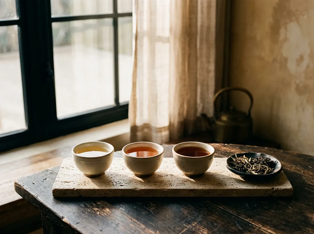 Three tasting cups in a row on a stone tray, each a different shade of tea, with loose leaves beside them