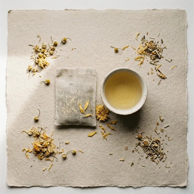 Harmony wellness tea, a sachet beside a cup on handmade paper