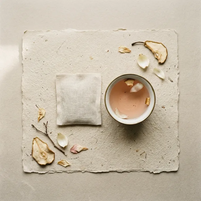 Nourish wellness tea, a sachet beside a cup on handmade paper