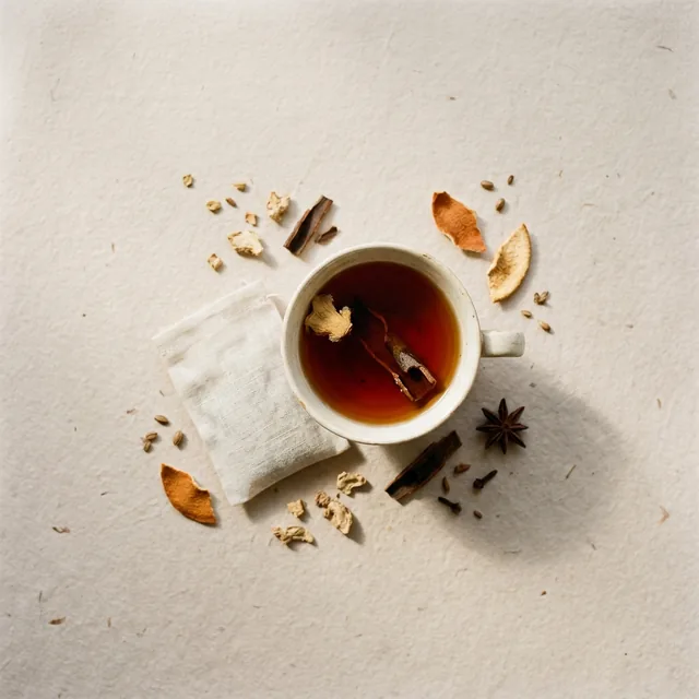 Warmth wellness tea, a sachet beside a cup on handmade paper